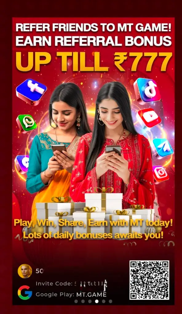 Gaming bonus poster showing two people holding coins with an offer of up to 7777 bonus"