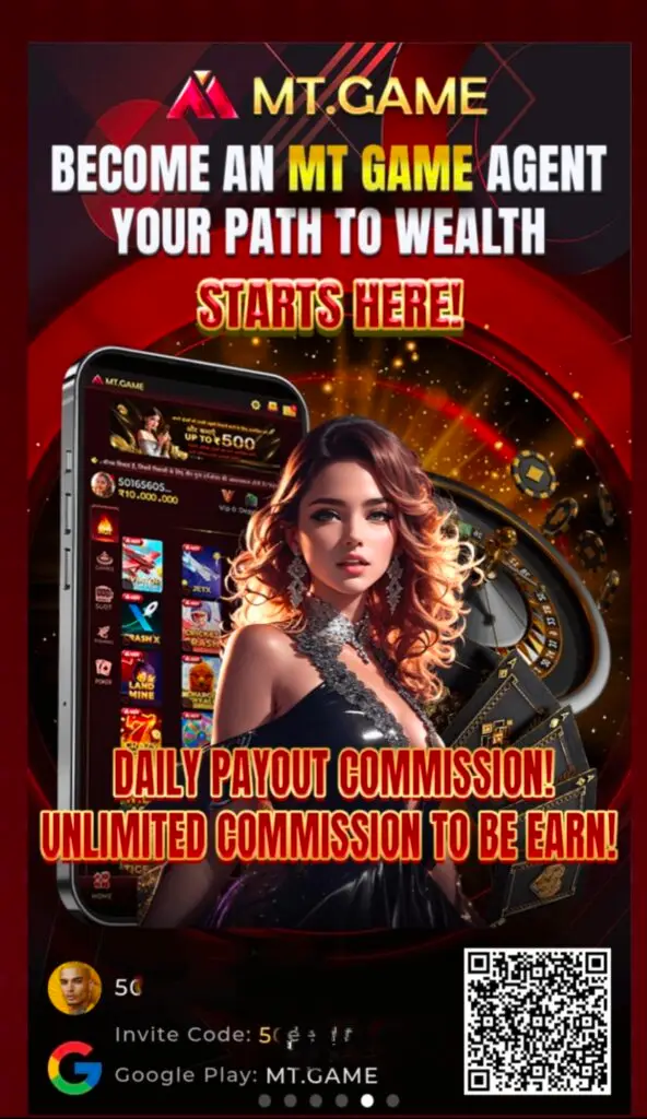 "Gaming promotional poster showing a person near a slot machine with a wealth and rewards themed offer"